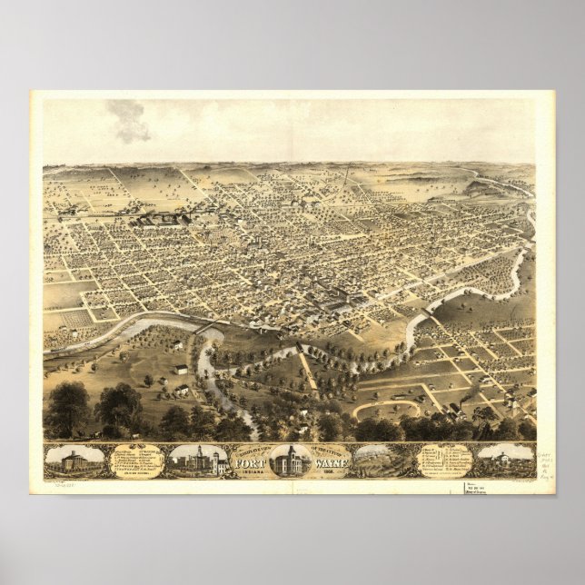 Pôster Mapa Panorâmico Antiquado de Fort Wayne Indiana 18 (Frente)