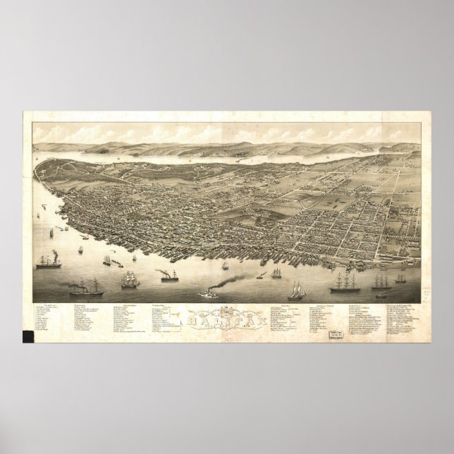 Pôster Mapa Panorâmico Antiquado de Halifax Nova Escócia  (Frente)