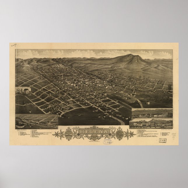 Pôster Mapa Panorâmico Antiquado de Helena Montana 1883 (Frente)