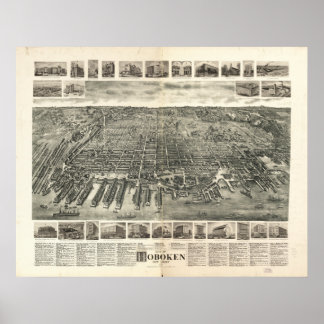 Pôster Mapa Panorâmico Antiquado de Hoboken New Jersey 19