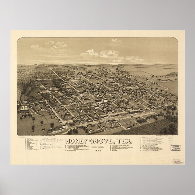 Pôster Mapa Panorâmico Antiquado de Honey Grove Texas 188 (Frente)