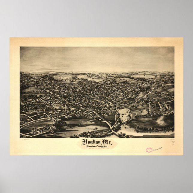Poster Mapa Panorâmico Antiquado de Houlton Maine de 1894 (Frente)