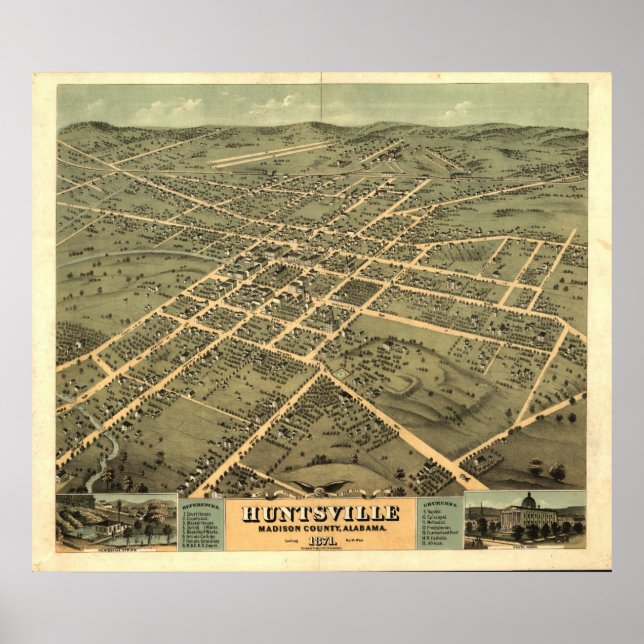 Pôster Mapa Panorâmico Antiquado de Huntsville Alabama 18 (Frente)