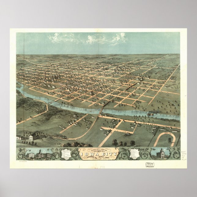Poster Mapa Panorâmico Antiquado de Iowa 1868 (Frente)
