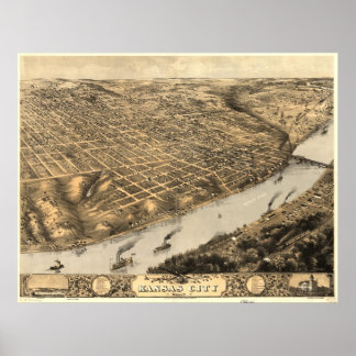 Poster Mapa Panorâmico Antiquado de Kansas City Missouri