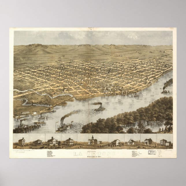 Pôster Mapa Panorâmico Antiquado de La Crosse WI 1867 (Frente)