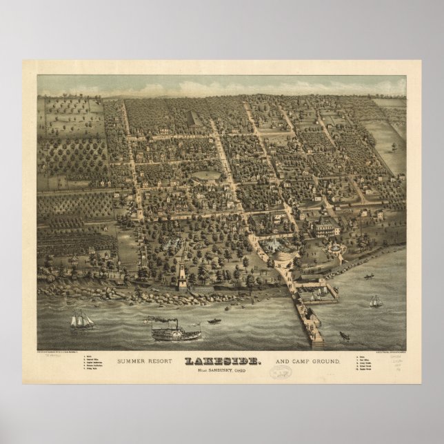 Pôster Mapa Panorâmico Antiquado de Lakeside Ohio 1884 (Frente)