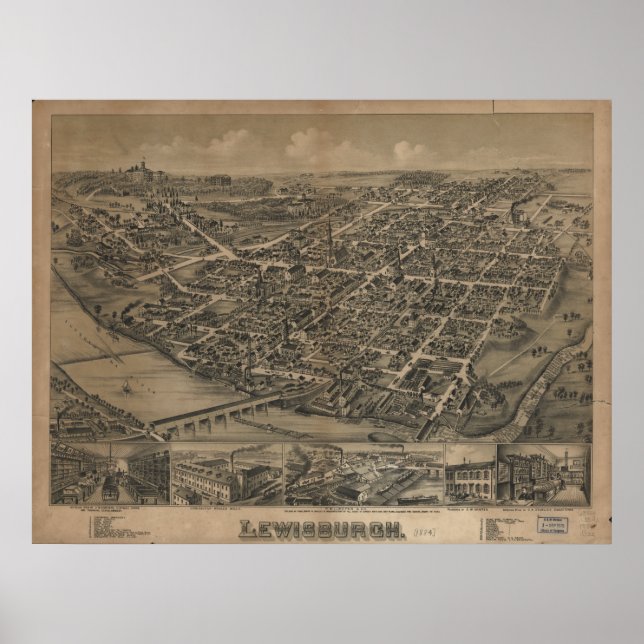 Pôster Mapa Panorâmico Antiquado de Lewisburg Pensilvânia (Frente)