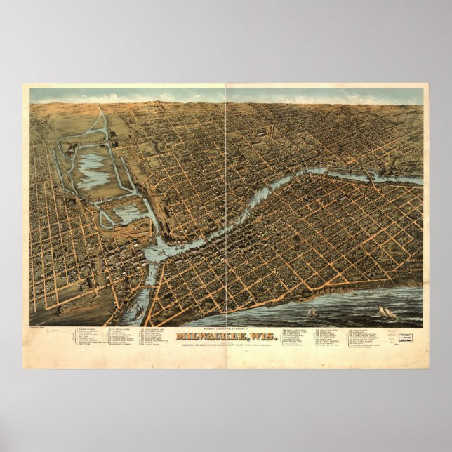 Poster Mapa Panorâmico Antiquado de Milwaukee WI 1872 (Frente)
