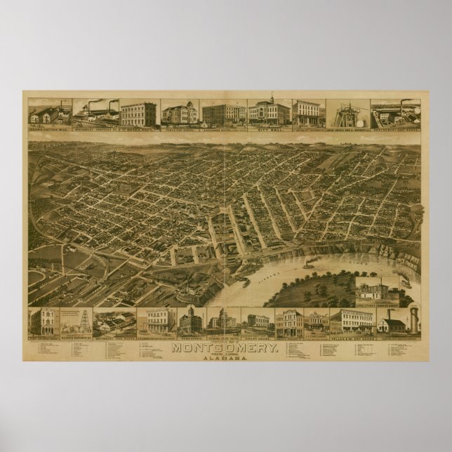 Poster Mapa Panorâmico Antiquado de Montgomery Alabama 18 (Frente)
