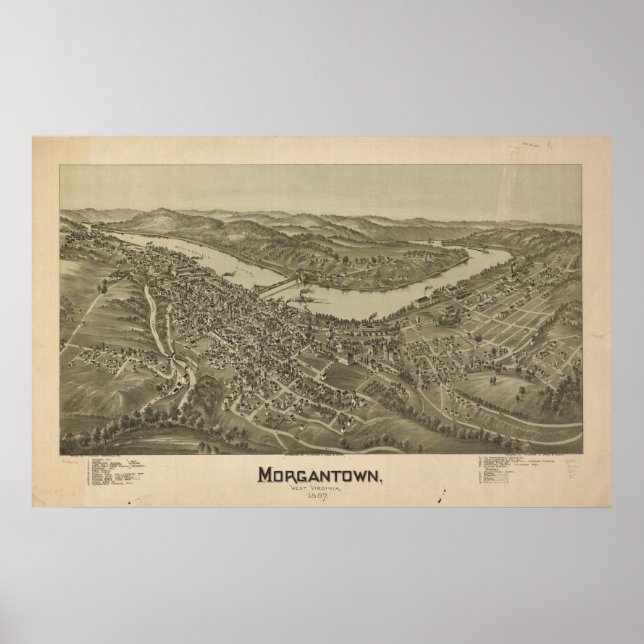 Poster Mapa Panorâmico Antiquado de Morgantown W. Virgini (Frente)