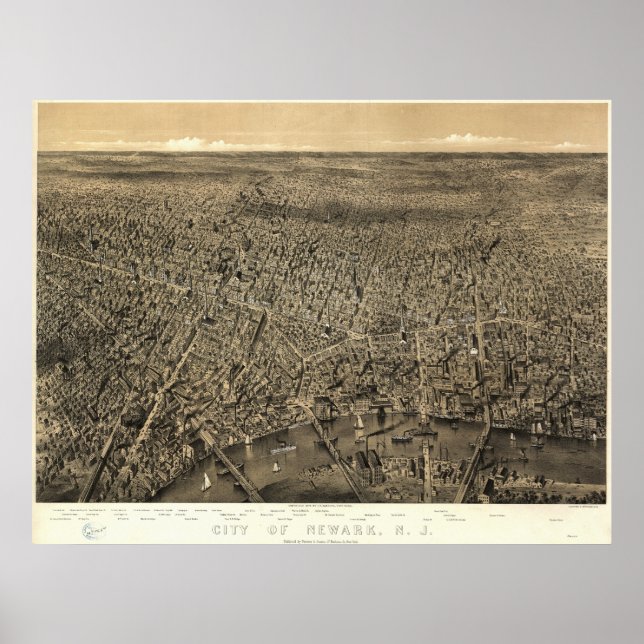Pôster Mapa Panorâmico Antiquado de New Jersey 1874 (Frente)