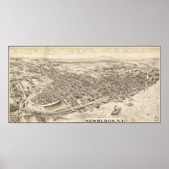 Pôster Mapa Panorâmico Antiquado de Newburgh Nova York 19 (Frente)