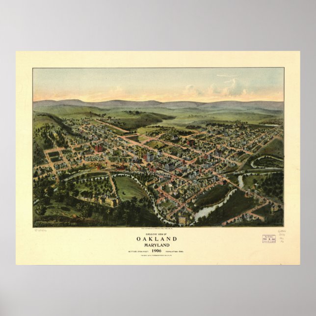 Pôster Mapa Panorâmico Antiquado de Oakland Maryland 1906 (Frente)