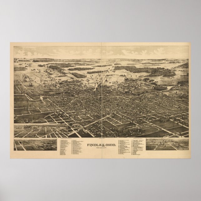 Pôster Mapa Panorâmico Antiquado de Ohio 1889 (Frente)