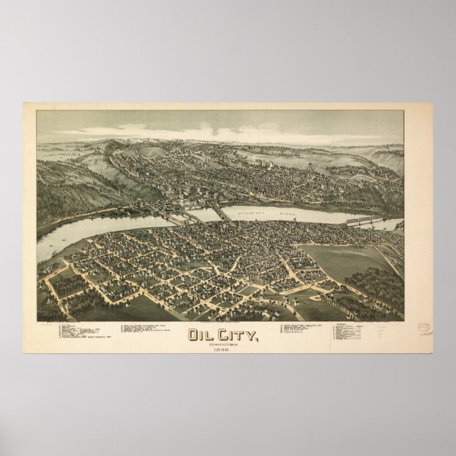 Pôster Mapa Panorâmico Antiquado de Oil City Pennsylvania (Frente)