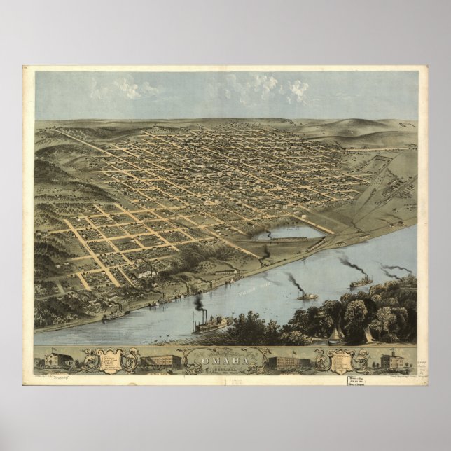 Poster Mapa Panorâmico Antiquado de Omaha Nebraska 1868 (Frente)