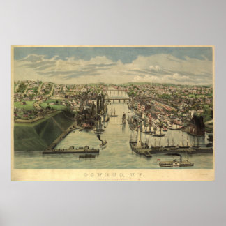 Pôster Mapa Panorâmico Antiquado de Oswego Nova Iorque 18