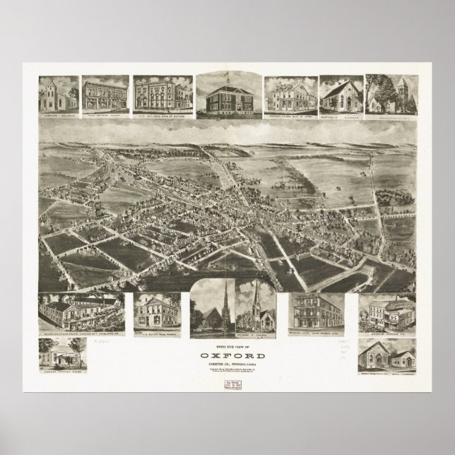 Poster Mapa Panorâmico Antiquado de Oxford Pennsylvania 1 (Frente)