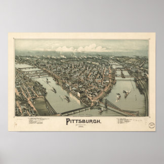 Pôster Mapa Panorâmico Antiquado de Pittsburgh Pensilvâni