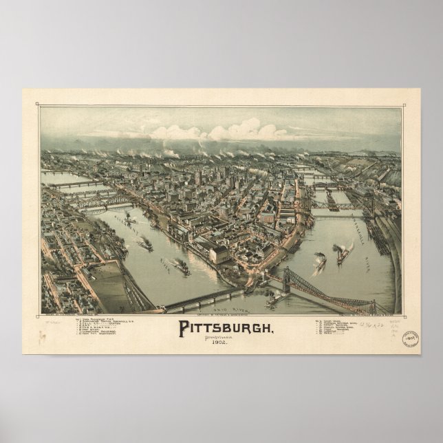 Pôster Mapa Panorâmico Antiquado de Pittsburgh Pensilvâni (Frente)