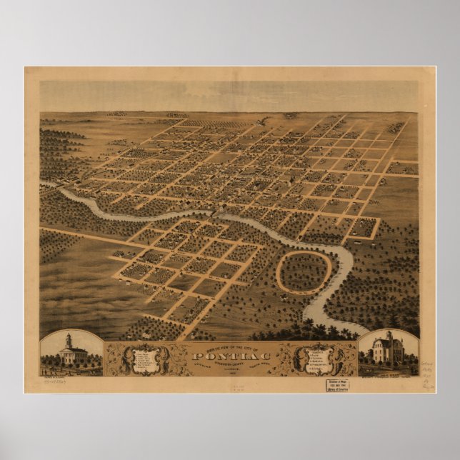 Poster Mapa Panorâmico Antiquado de Pontiac Illinois 1869 (Frente)