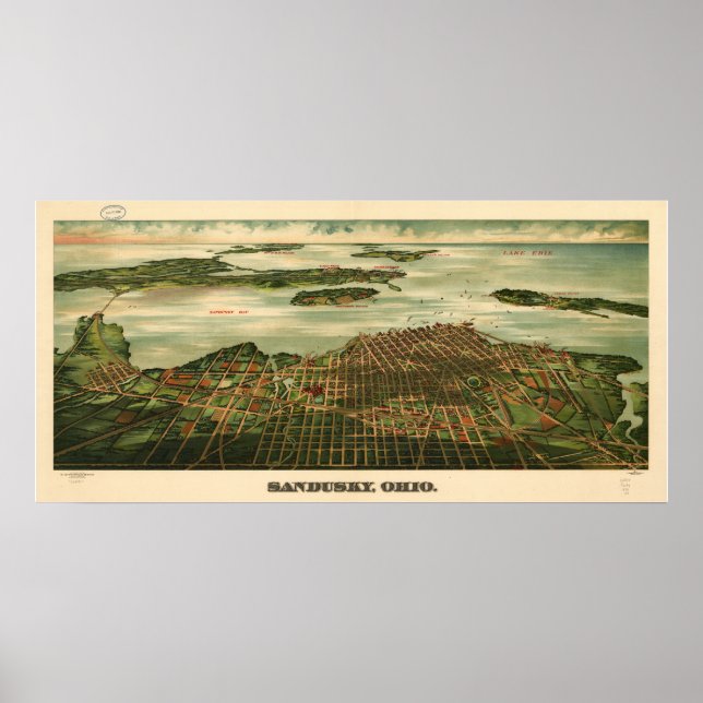 Pôster Mapa Panorâmico Antiquado de Sandusky Ohio, 1898 (Frente)