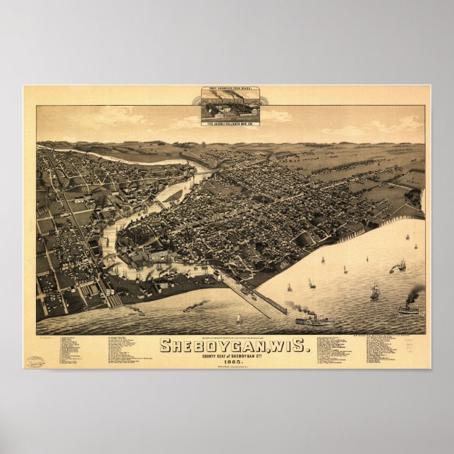 Poster Mapa Panorâmico Antiquado de Sheboygan WI 1885 (Frente)