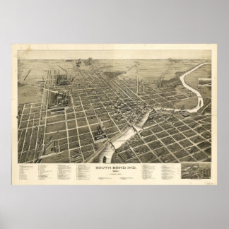 Pôster Mapa Panorâmico Antiquado de South Bend Indiana 18