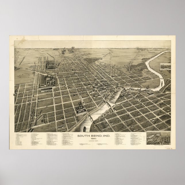 Pôster Mapa Panorâmico Antiquado de South Bend Indiana 18 (Frente)