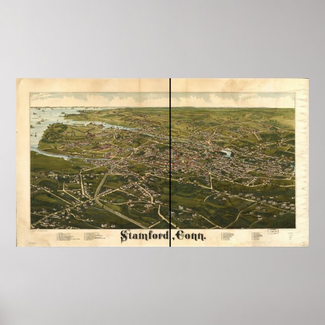 Pôster Mapa Panorâmico Antiquado de Stamford Connecticut  (Frente)