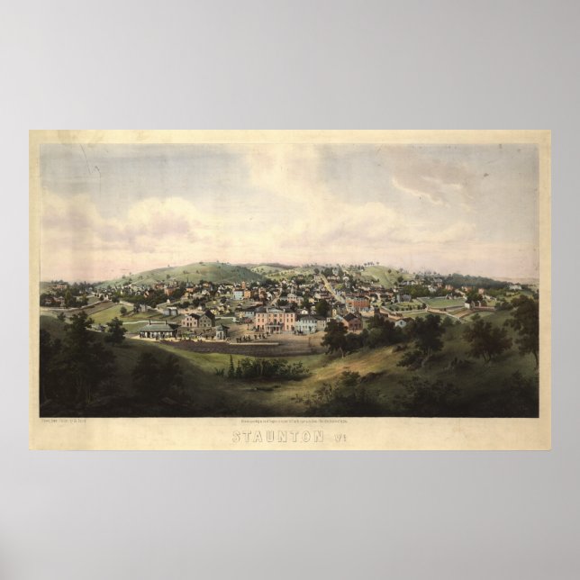 Poster Mapa Panorâmico Antiquado de Staunton Virginia 185 (Frente)