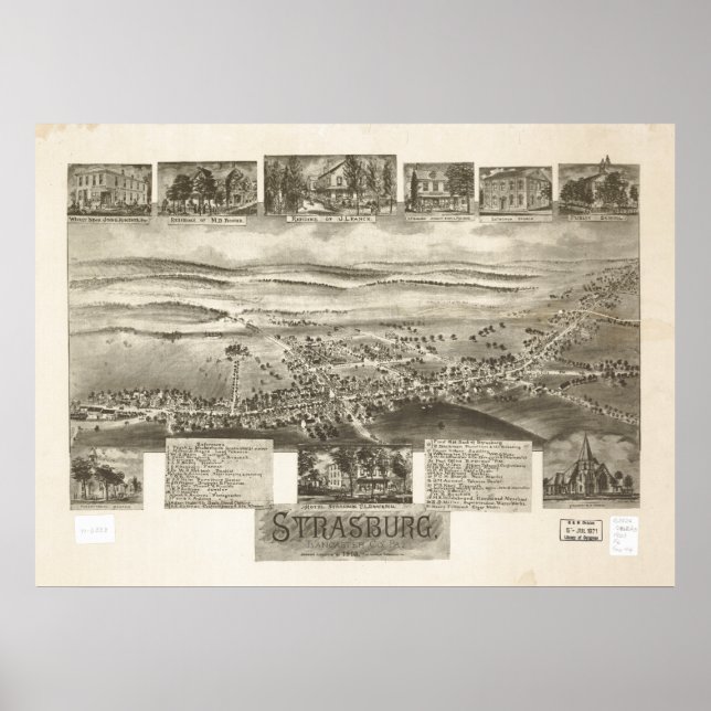 Pôster Mapa Panorâmico Antiquado de Strasburg, Pensilvâni (Frente)