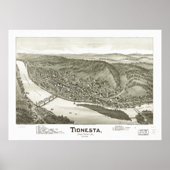 Pôster Mapa Panorâmico Antiquado de Tionesta Pennsylvania (Frente)