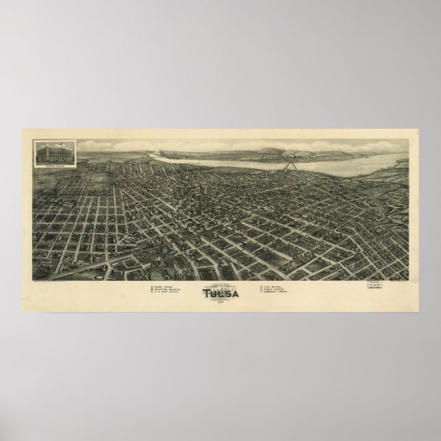 Poster Mapa Panorâmico Antiquado de Tulsa Oklahoma 1918 (Frente)
