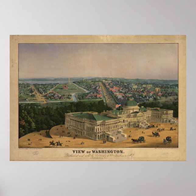 Pôster Mapa Panorâmico Antiquado de Washington DC 1852 (Frente)