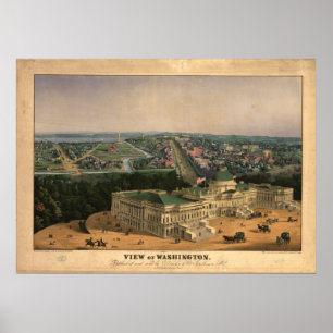Pôster Mapa Panorâmico Antiquado de Washington DC 1852