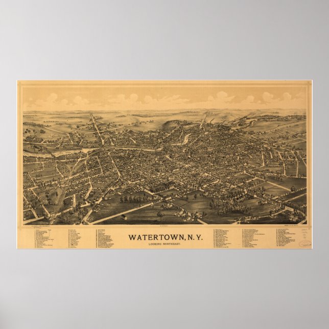 Pôster Mapa Panorâmico Antiquado de Watertown New York 18 (Frente)
