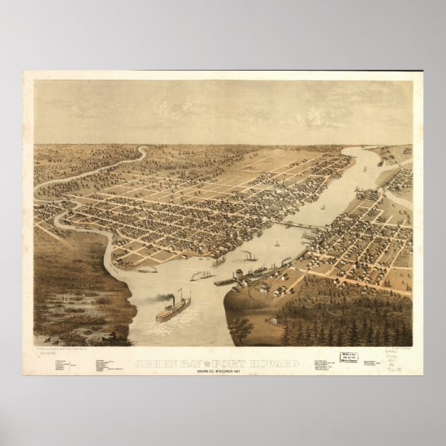 Poster Mapa Panorâmico Antiquado de WI 1867 da Baía Verde (Frente)