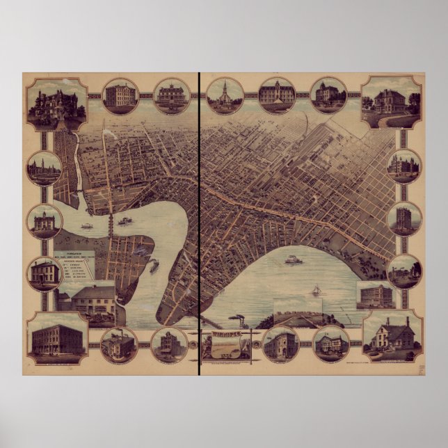 Pôster Mapa Panorâmico Antiquado de Winnipeg Manitoba 188 (Frente)