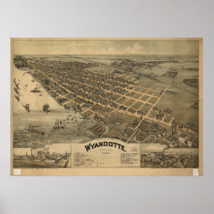 Pôster Mapa Panorâmico Antiquado de Wyandotte Michigan 18