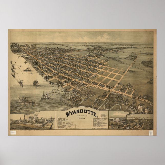 Pôster Mapa Panorâmico Antiquado de Wyandotte Michigan 18 (Frente)