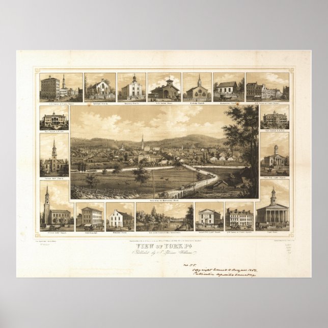 Poster Mapa Panorâmico Antiquado de York Pennsylvania 185 (Frente)