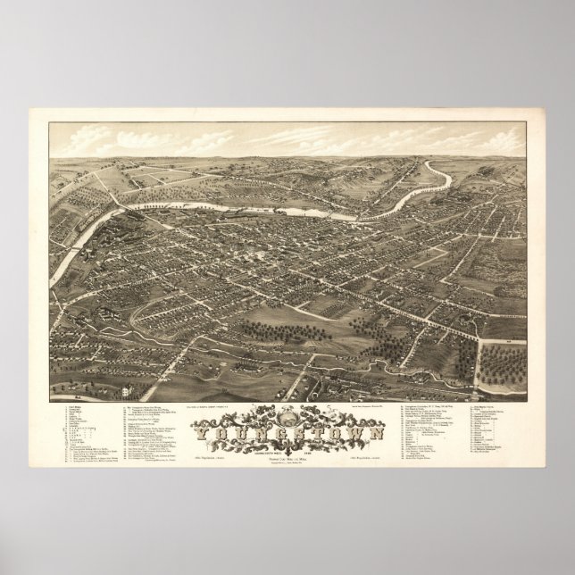 Pôster Mapa Panorâmico Antiquado de Youngstown Ohio 1882 (Frente)