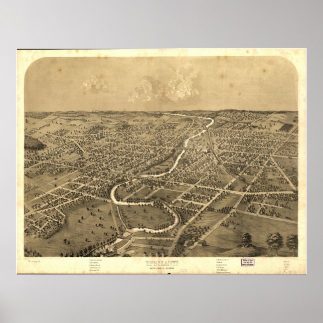 Pôster Mapa Panorâmico Antiquado de Ypsilanti Michigan 18 (Frente)