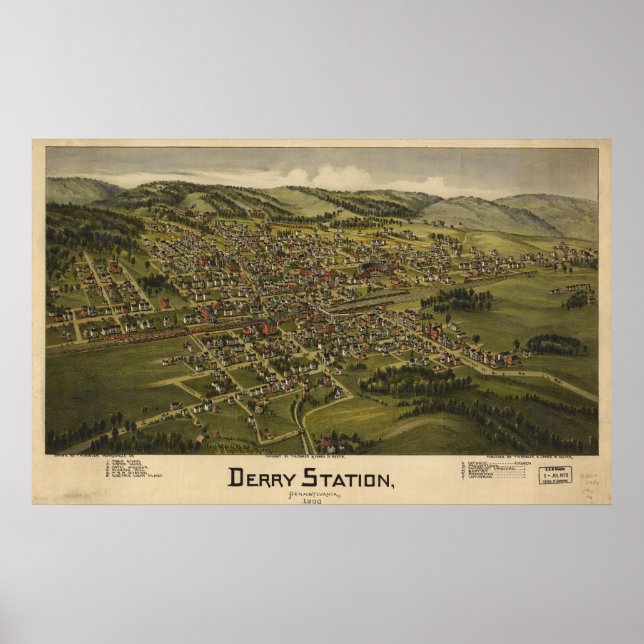Pôster Mapa Panorâmico Antiquado Derry Pennsylvania 1900 (Frente)