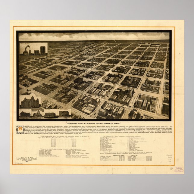 Pôster Mapa Panorâmico Antiquado do Amarillo Texas 1912 (Frente)