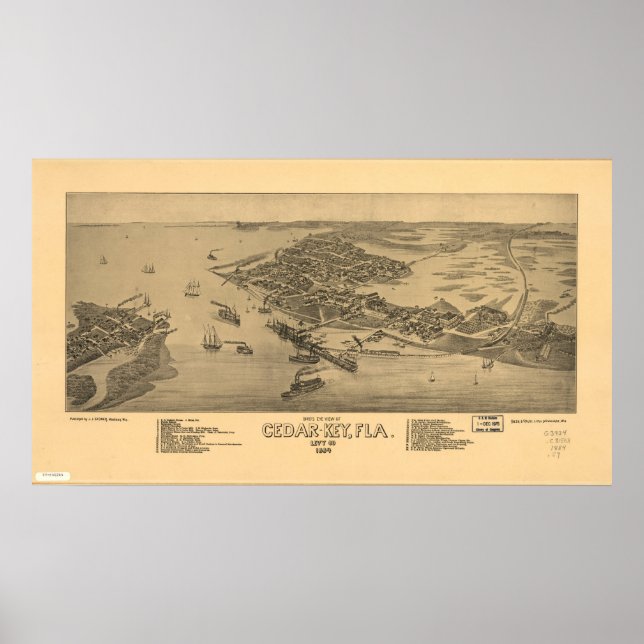 Poster Mapa Panorâmico Antiquado do Cedar Key Florida 188 (Frente)