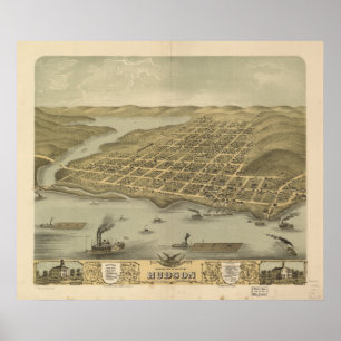 Pôster Mapa Panorâmico Antiquado do Hudson WI 1870