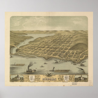 Pôster Mapa Panorâmico Antiquado do Hudson WI 1870